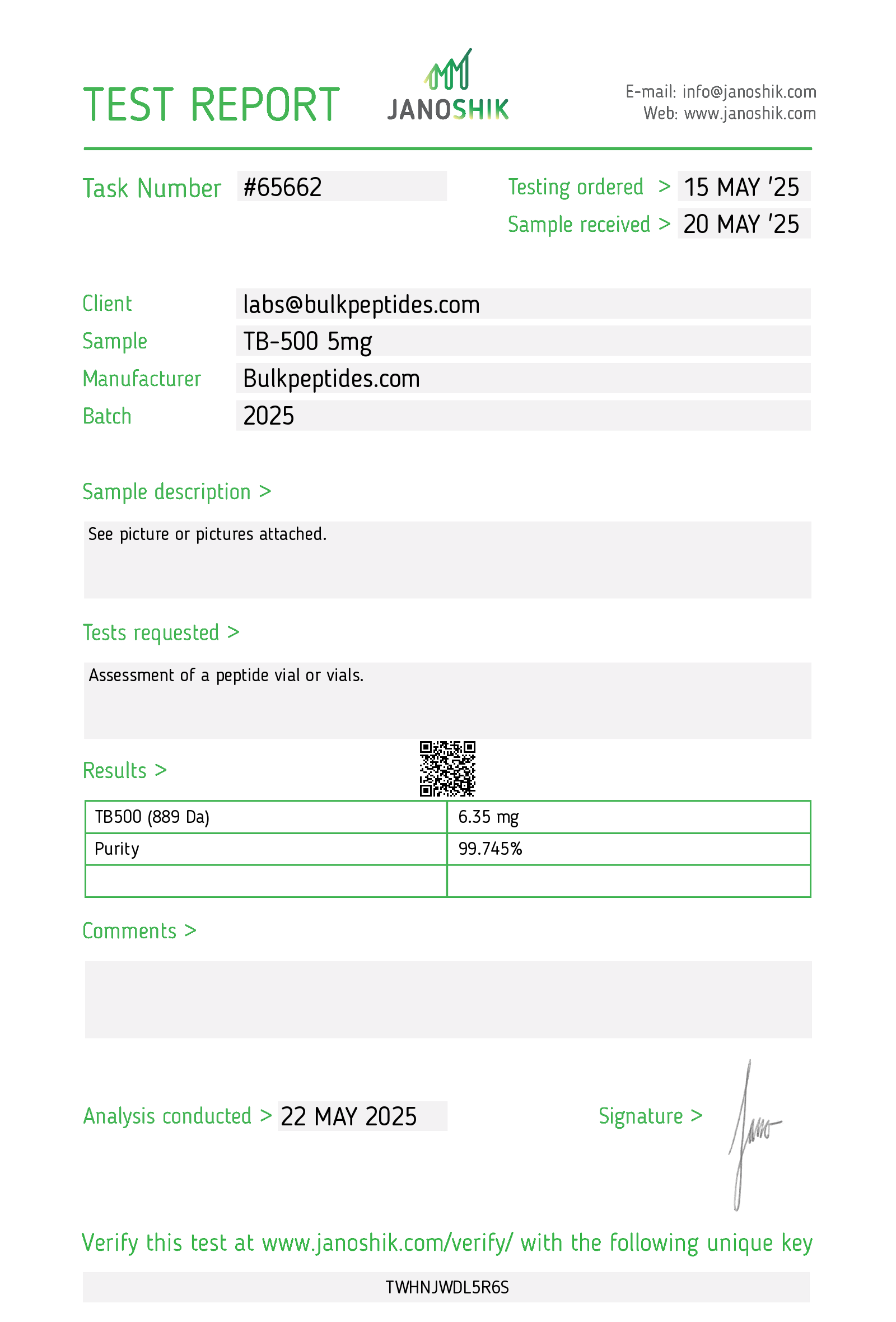 TB-500 (5mg) Certificate of Analysis from Arcane Peptides