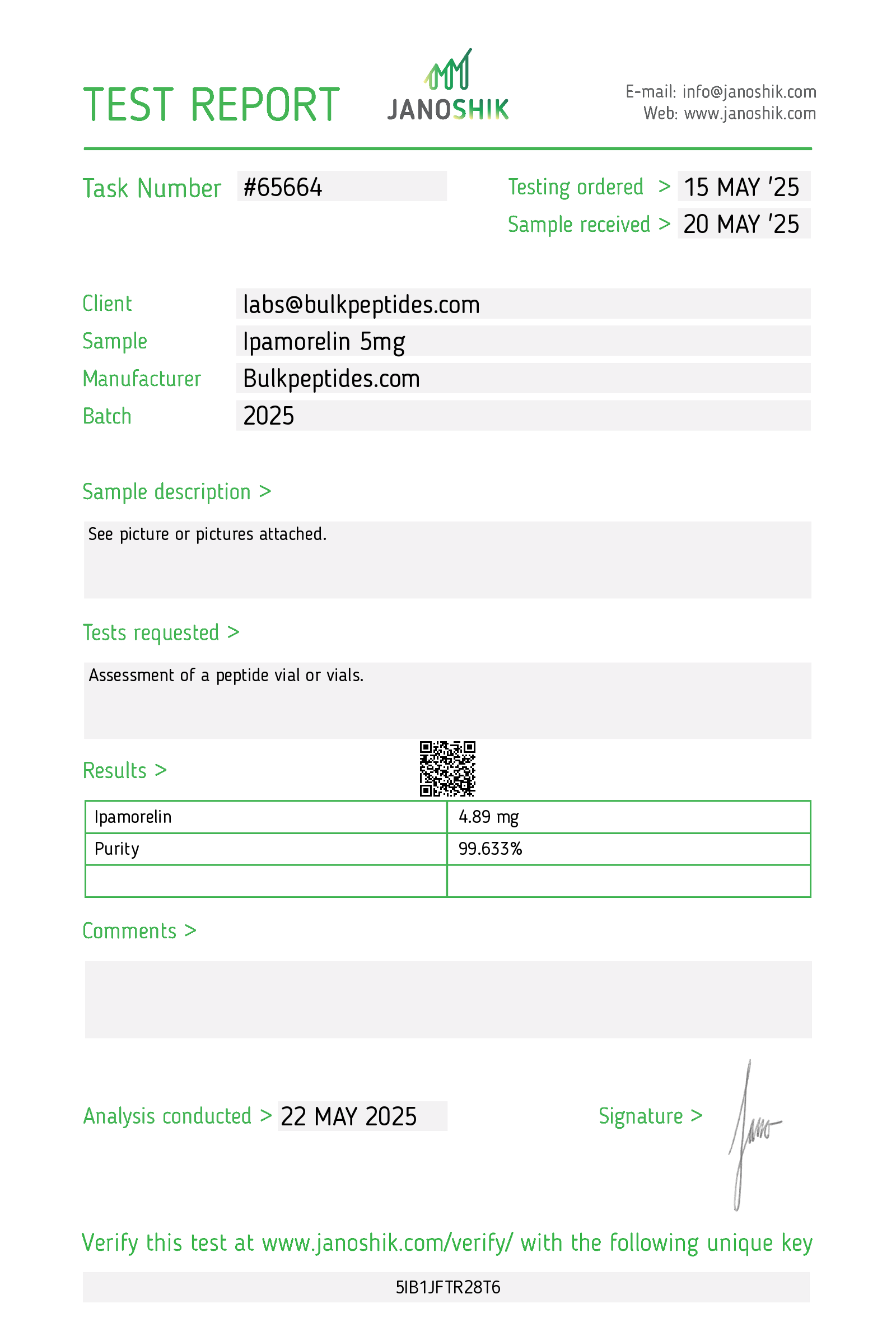 Ipamorelin (5mg) Certificate of Analysis from Arcane Peptides